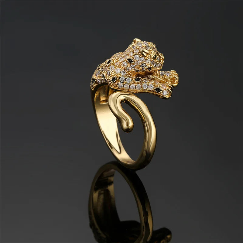 Style Cubic Zirconia Gold Color 3d Stereo Animal Leopard Ring Womens Mens Ring Hiphop Ice Out Bling  Panther Ring