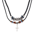 Vintage Tribal Boho Style Double Layer Leather Necklace for Men Trendy Braid with Christian Cross Pendant for Anniversaries