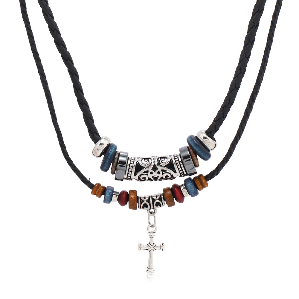 Vintage Tribal Boho Style Double Layer Leather Necklace for Men Trendy Braid with Christian Cross Pendant for Anniversaries