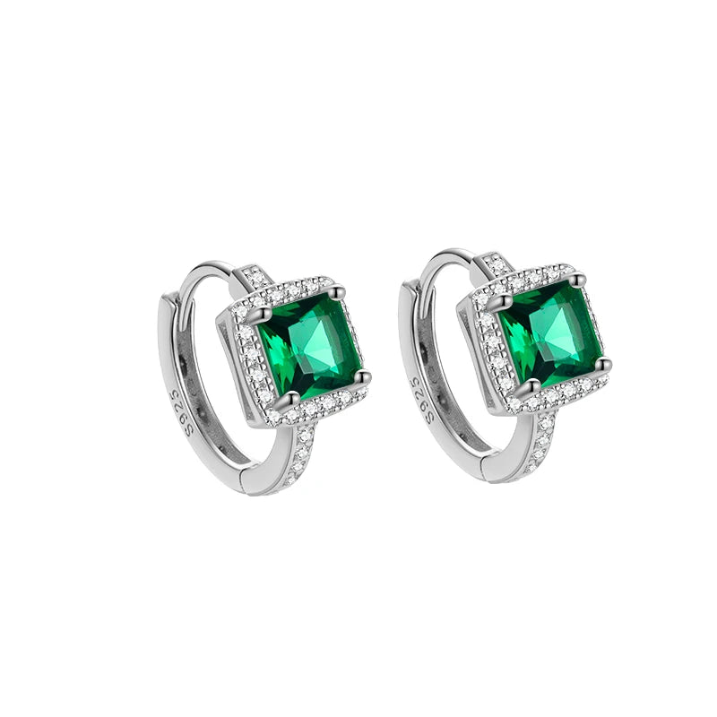 Luxury 925 Sterling Silver Earrings Square Large Emerald Cubic Zirconia Vintage Hoops Huggie Earrings for Women Fine Jewelry