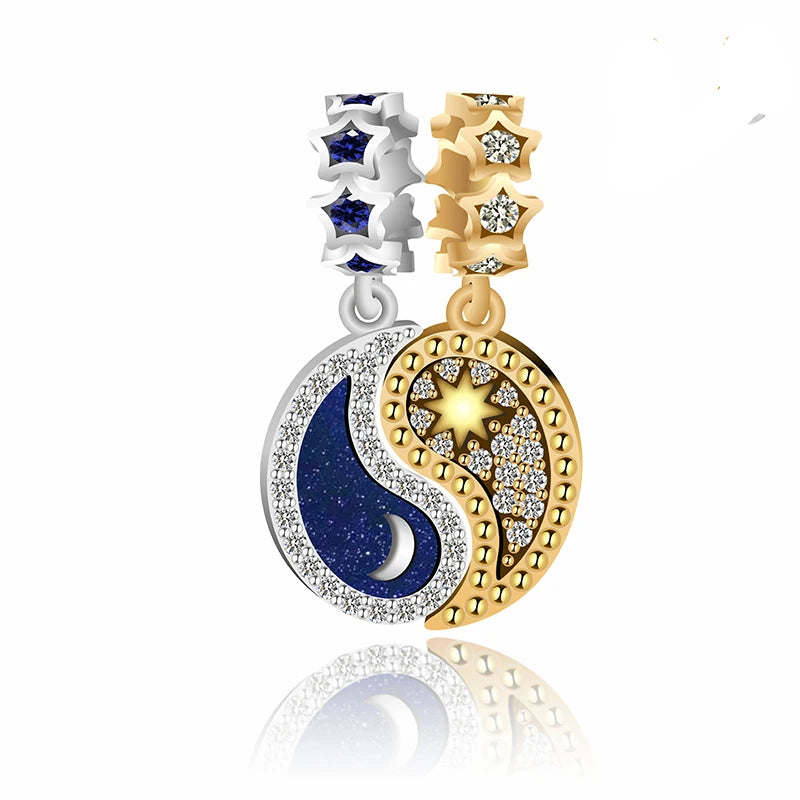 Fit Original Pan Charms Bracelet 925 Sterling Silver Gold Blue Enamel Sky Yinyang Taichi Bead for Women Jewelry Making