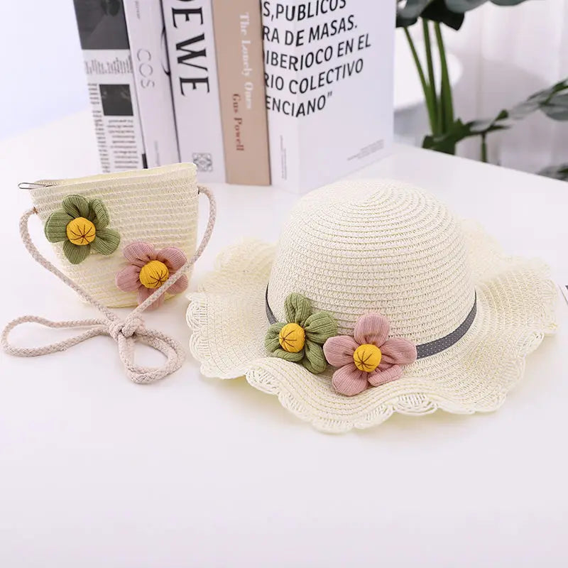 Hot Sale Sun Girl and Kids Wholesale Beach Bag Straw Beach Hat and Bag Set