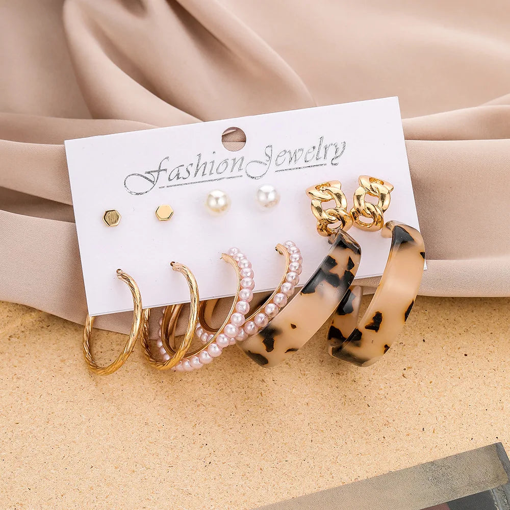 6pairs Vintage Leopard Printing Acrylic Hoop Earring Set Gold Color Alloy Earrings for Women Simple Jewelry Stud Earrings