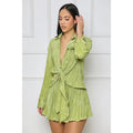 2023 New Casual Pleated Straps Long Sleeve Top and Shorts Solid Color 2 Pieces Women Set