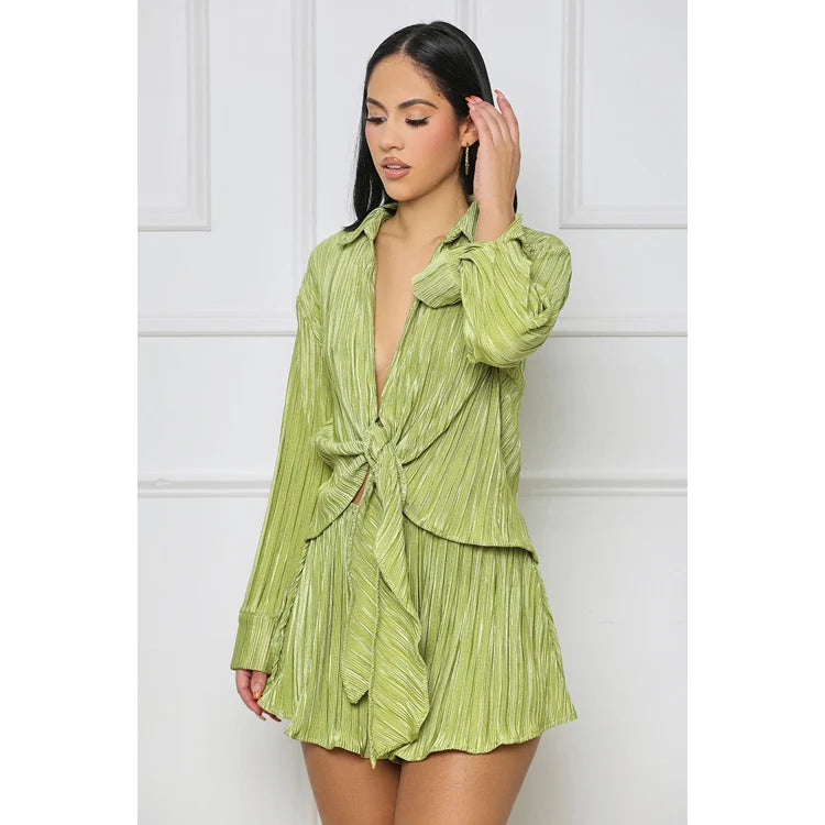 2023 New Casual Pleated Straps Long Sleeve Top and Shorts Solid Color 2 Pieces Women Set