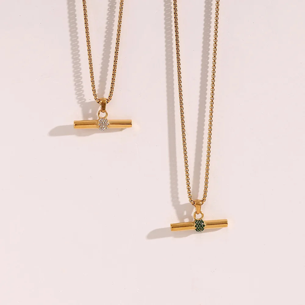 New Design Micro Pave CZ Cubic Zircon T Bar Stainless Steel Necklace 18K Gold Plated T Bar Pendant Necklace for Women