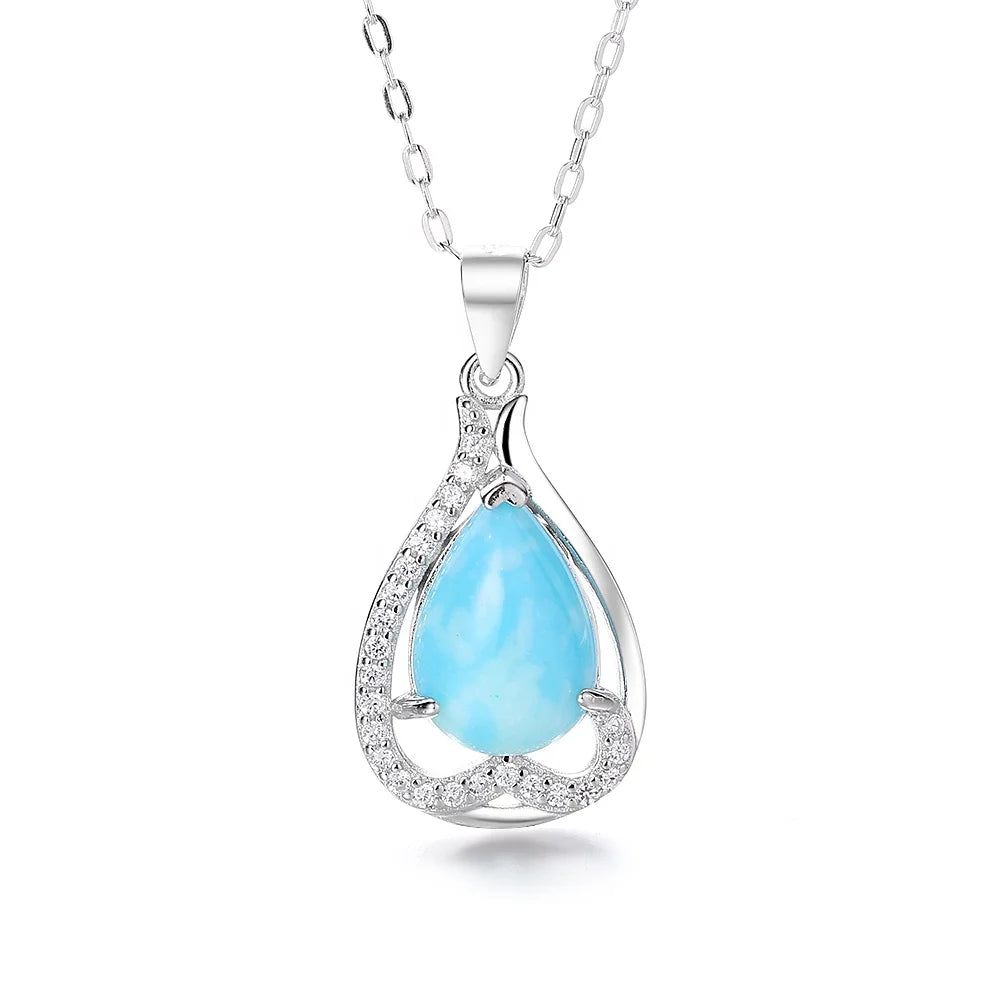 Solid 925 Sterling Silver Jewelry Larimar Necklace Nature Blue Larimar Inlay Pendant