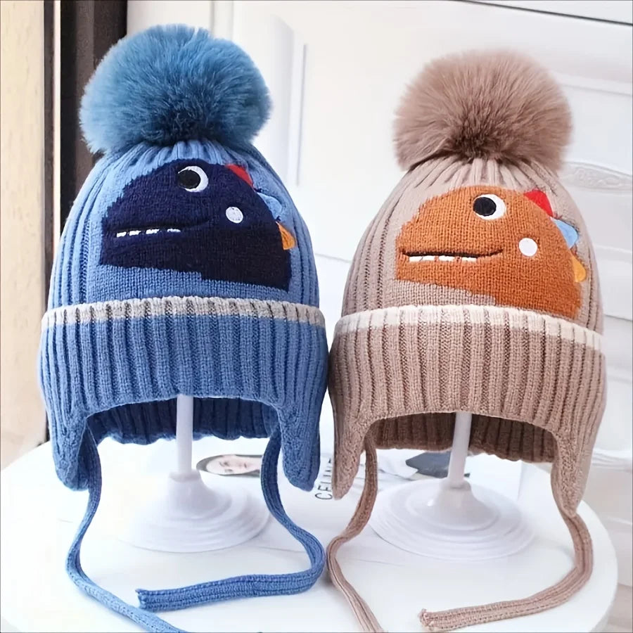 Hot Sell Children's Cartoon Beanie Winter Ear Protection Windproof Warm Knitted Hats With PomPom for Children