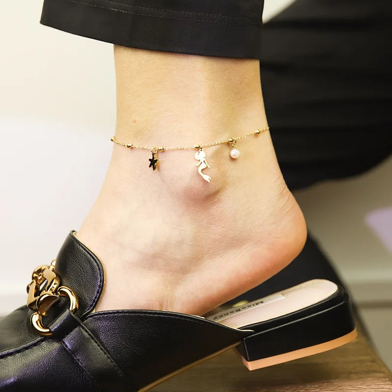New Hot Trendy Chain Anklet Wholesale Pearl Tassel Titanium Steel Gold Mermaid Pendant Anklets for Women