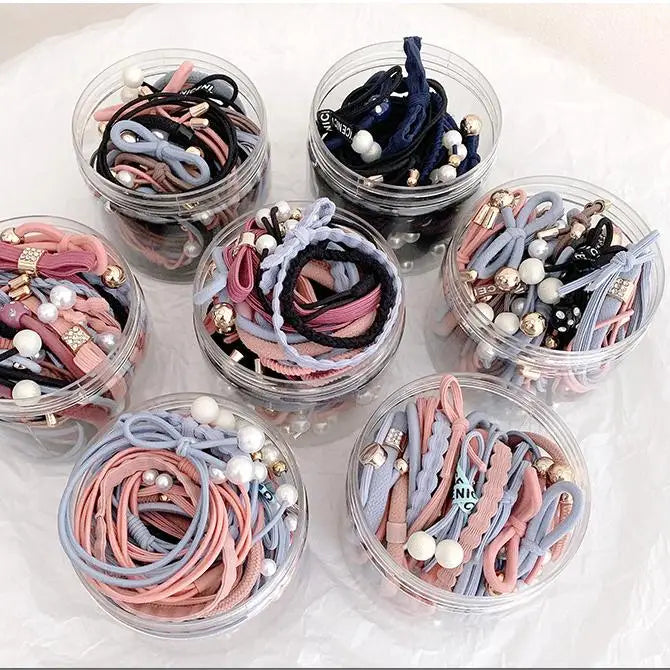 Wholesale 35pcs&50pcs Multi-color Elastic Nylon Hair Bands Pearl Ponytail Holder Bow Hair Ties Set in Box for Girls