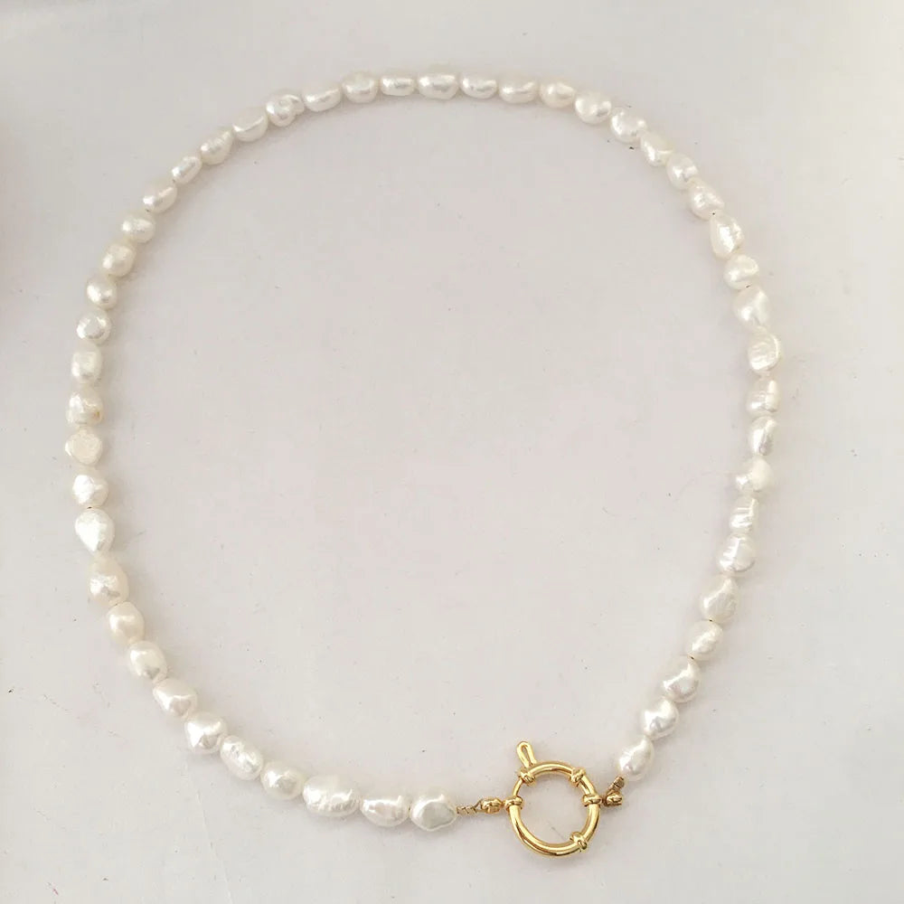 18 Inch Fashion Choker Baroque Pearl Necklace 100% Freshwater Pearl AAwidth 6.3-7.3 MM Stainless Steel 18K Gold Plated Clasp