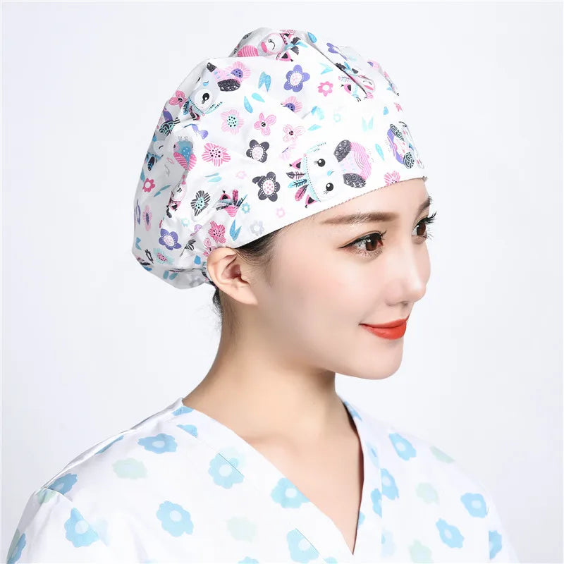Scrubs Caps Santa Claus Print Medical Nurse Work Hat Cotton Scrub Hat Doctor Cap Pet Veterinary Laboratory Cap