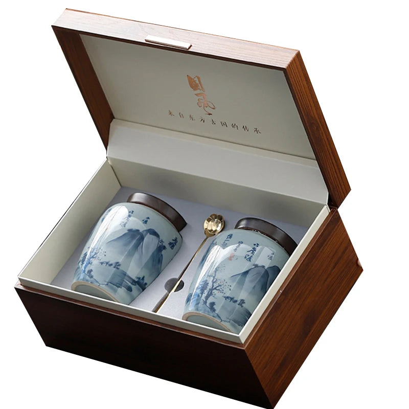 Custom Small Wooden Box Packaging for Ideas Gift Custom Tradition Blue and White Ceramic Vases Plates Canister for Wood Box Gift