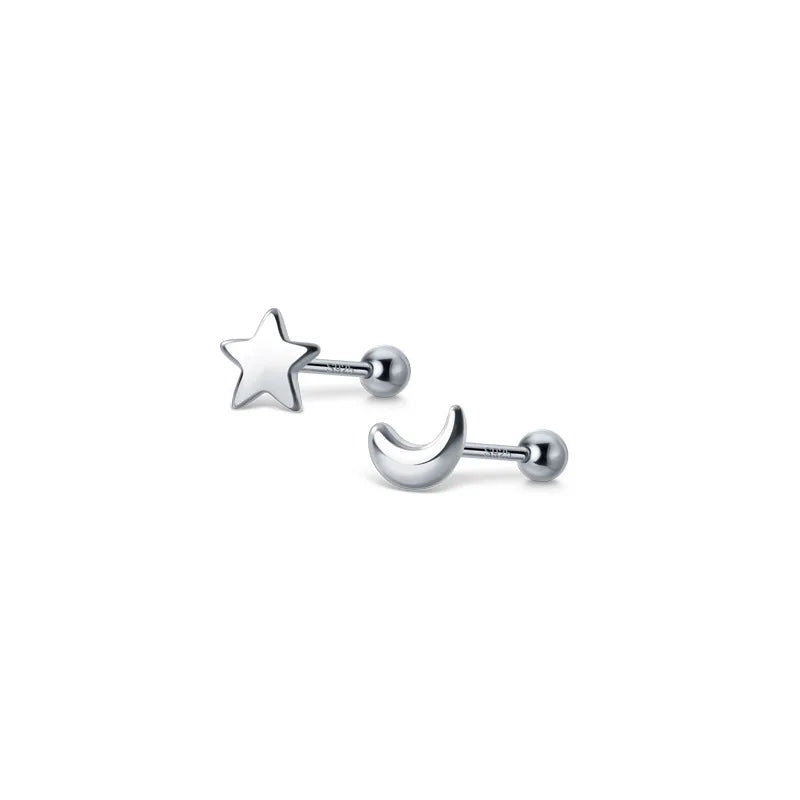 Minimalist Fashion 925 Sterling Silver Cute Asymmetrical Crescent Moon Star Screw Back Stud Earrings for Women Girls