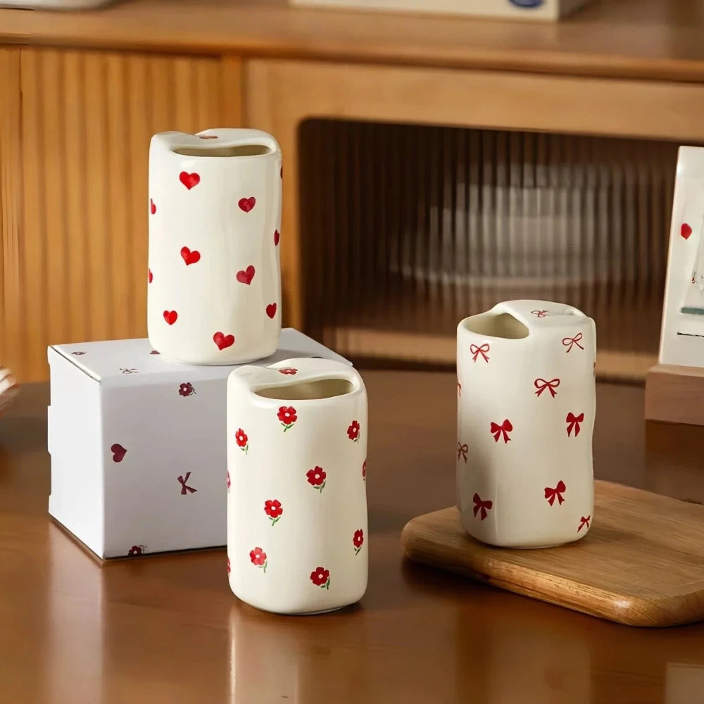330ml Creative Ceramic Coffee Mug Cute Heart/Flower/Bow Pattern Unique Irregular Mouth Tea Cup with Color Box MegaBDM