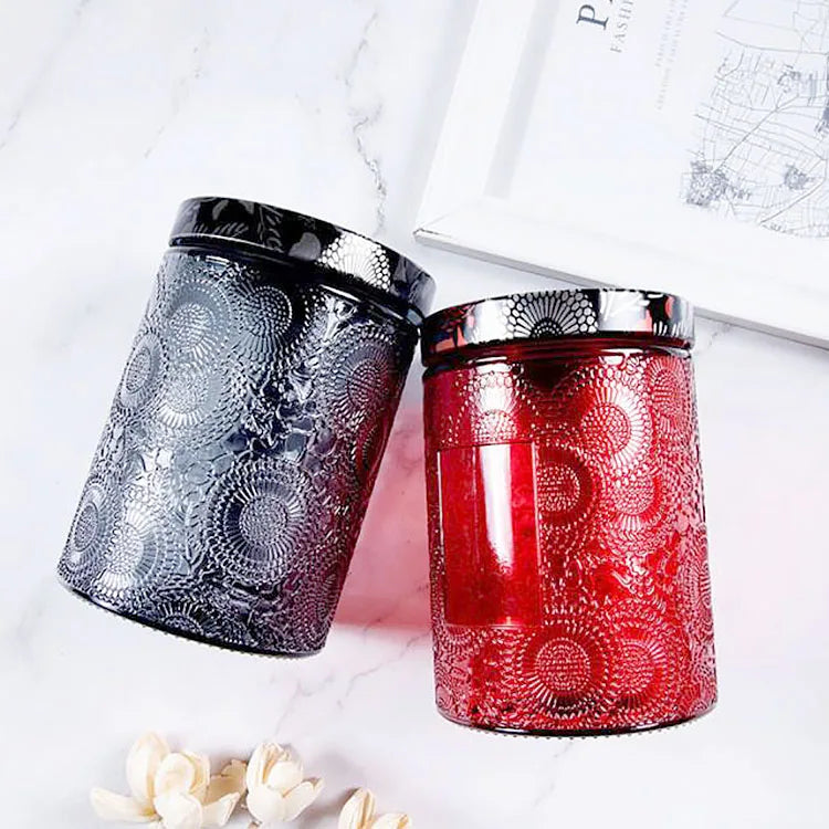 Hot Sale Round Cylinder Metal Lid Colored Textured Embossed Glass Candle Jar