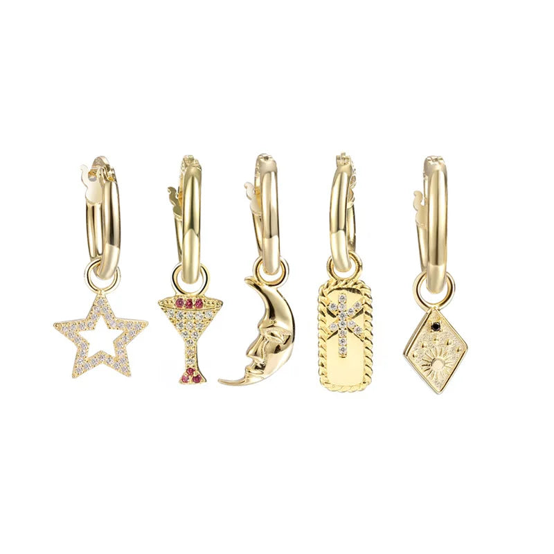 Starburst Moon Star Huggie Hoop Earrings in Sterling Silver with Dangling CZ Star Burst Charms Celestial Geometric Design