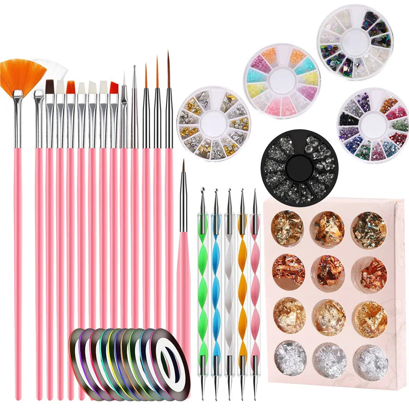 Tamax NAK014 Nail Art Kit 15pcs Liner Brush 5pcs Dotting Pen 10 Gold Strip Foil Paper Rhinestones Decoration Manicure Set