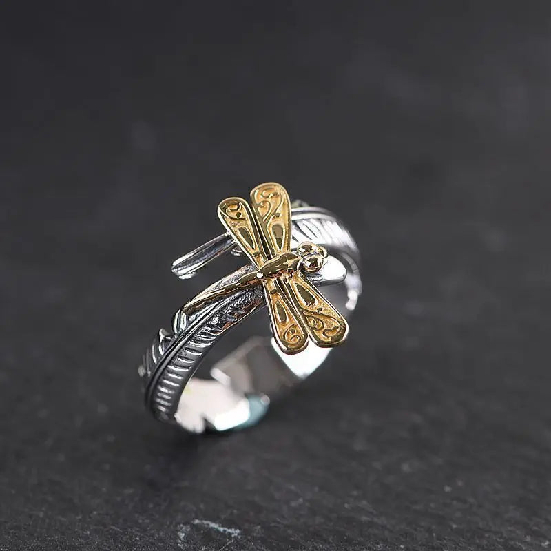 Retro Thai Silver Plated Finger Ring for Men Women Personalized Twisted Line Letter Dragonfly Ring Open Adjustable Ring
