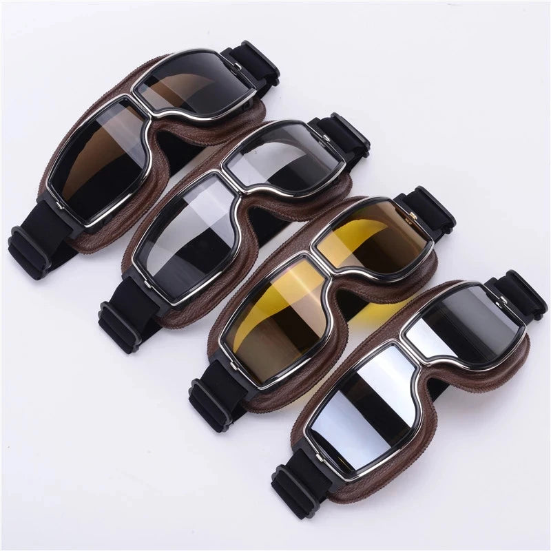 Best Selling Vintage Goggles Motorcycle Leather Goggles Glasses  Folding Goggles 3-Color Leather 4-Color Lens