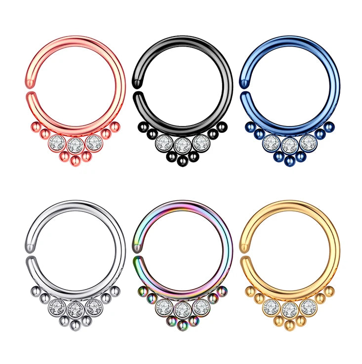Set of 10 Pcs New Styles Three Diamond Open Clip on CC Nose Rings Various Colors Stud Earrings Made of Stainless Steel