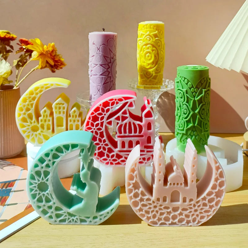 J10-360  Cylindrical Aroma Candle Silicone Mold Stars and Moon Embossed Pattern Diy Plaster Diffuser Stone Molds