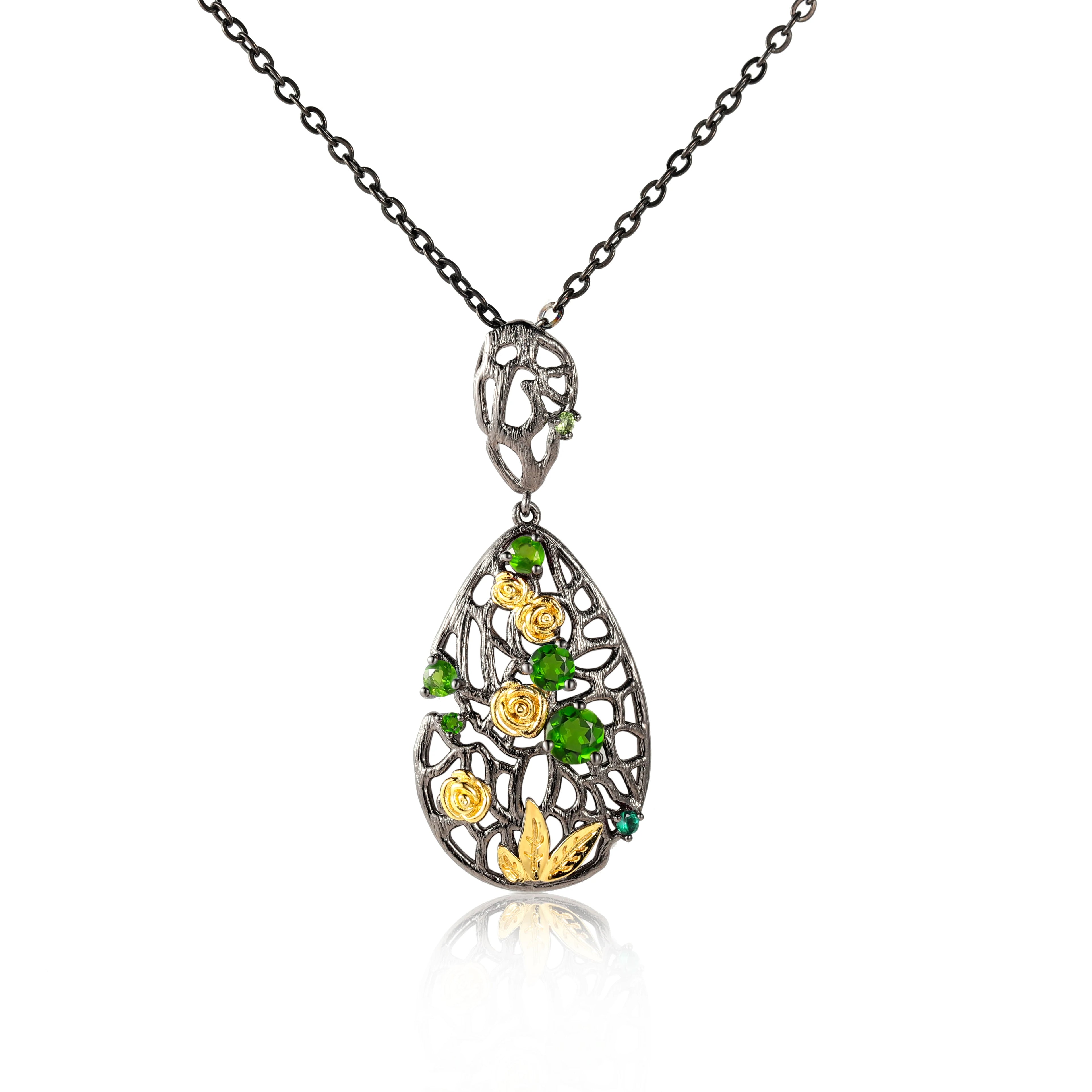 C7937 Abiding Jewelry Good Selling Hollowed Out Flowers Natural Chrome Diopside Wholesale 925 Sterling Silver Custom Pendant