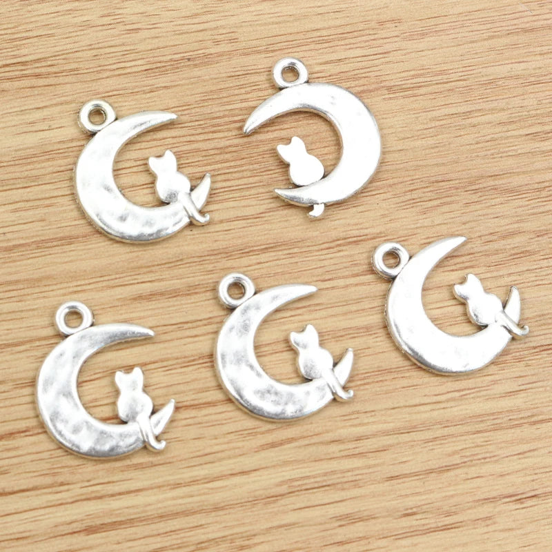 15pcs 23x18mm Antique Silver Plated Moon Cat Handmade Charms Pendant DIY Jewelry Findings for Bracelet Necklace