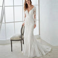 Lace Long Sleeve V-Neck Mermaid Bridal Gown Back Button Sweep Train Vintage Wedding Dresses