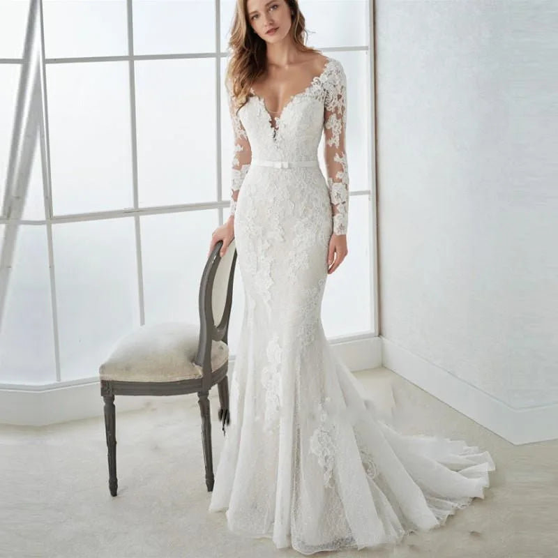 Lace Long Sleeve V-Neck Mermaid Bridal Gown Back Button Sweep Train Vintage Wedding Dresses