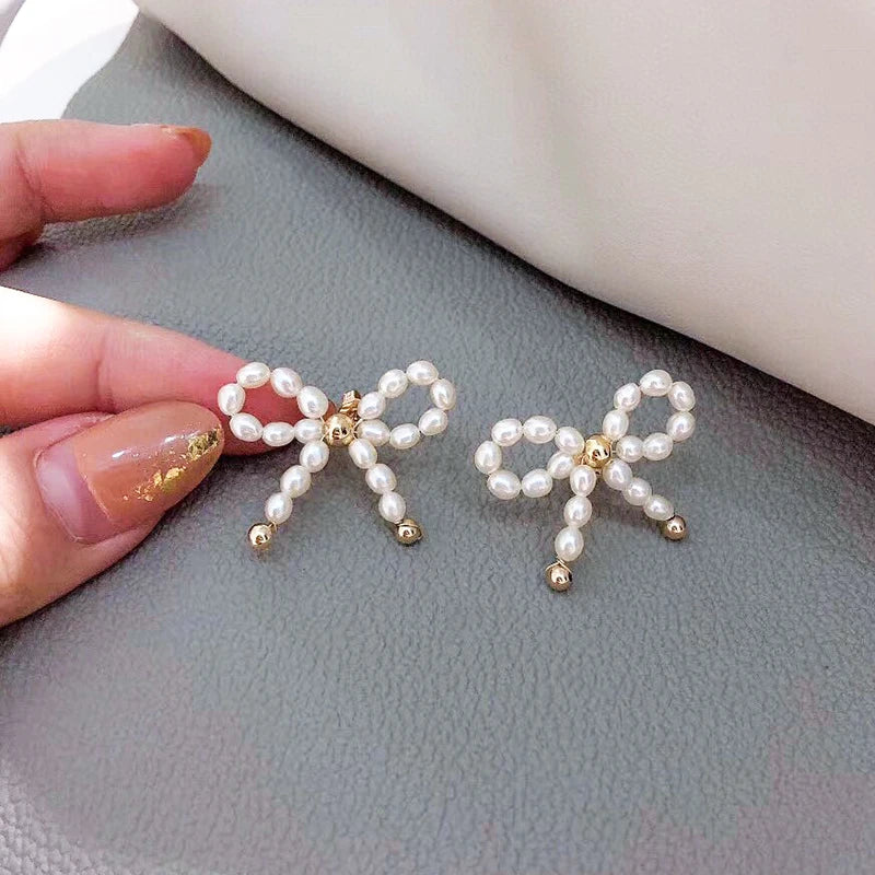 Wholesale Romantic Style 3-4 mm 14k Gold Plated Stud Bow Freshwater Pearl Earrings Fashion Jewelry