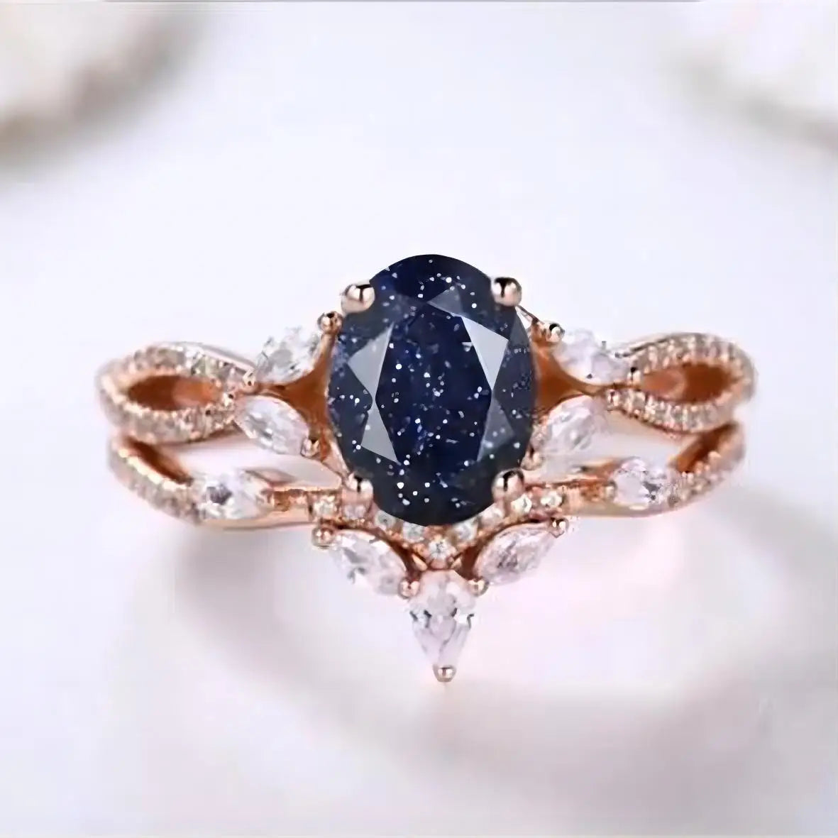 Trendy 925 Sterling Silver Jewelry Oval Cut Natural Black Rutilated Quartz Ring Set Rose Plated Classic Engagement Ring