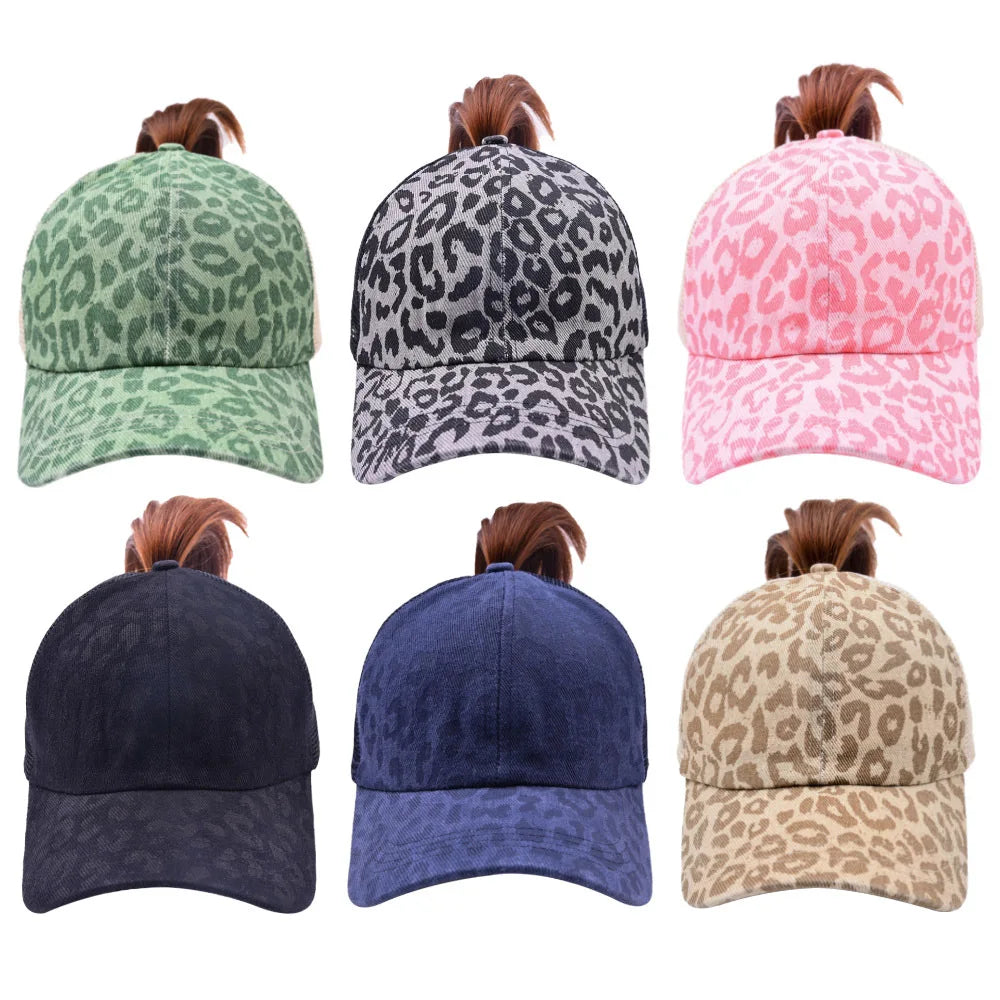 New Product Fashion Outdoor Sun Hat Mesh Hollow Messy Bun Leopard Cross Cotton Womens High Top Hat Ponytail Baseball Cap