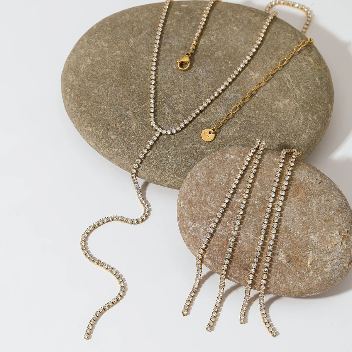 CLIORO Luxury Fashion Zircon Chain Stainless Steel Silver/Gold Plated Y-Shaped Necklace Tennis Chain Tassels Jewelry Sets