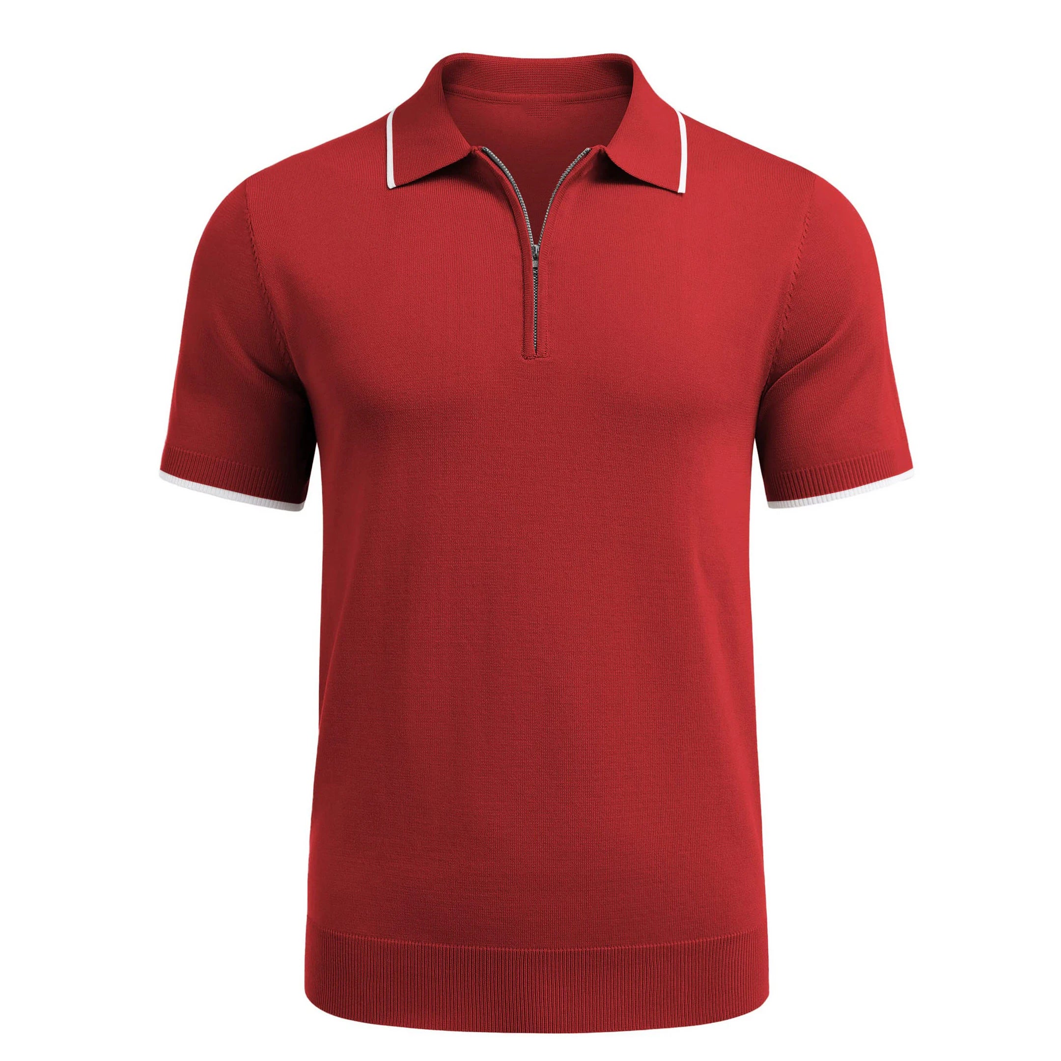 Solid Metal Zipper Stripe Collared Golf T-shirts Business Short Sleeve Turn-down Collar Men's Polo Shirts