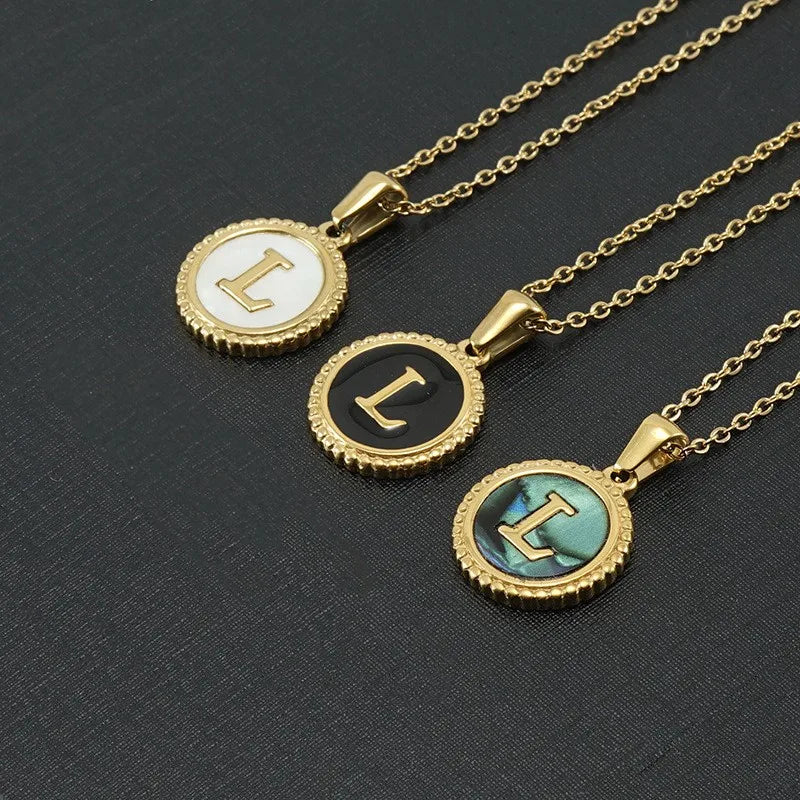 Custom Round Coin Initial Alphabet Necklace 18K Gold Plated Stainless Steel Shell Mother of Pearl Pendant Necklace