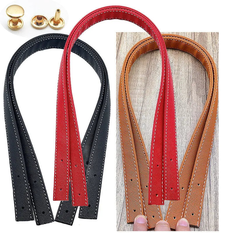 60cm PU Leather Bag Handles Purse Strap Replacement 2mm Wide with Rivets Shoulder Bag Handbag Making Supplies