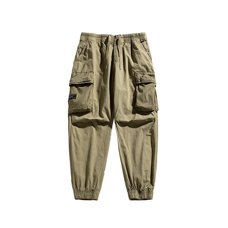 Japanese Spring Autumn Vintage Cotton Midweight Cargo Ankle Jogger Pants with Embroidery Breathable Men