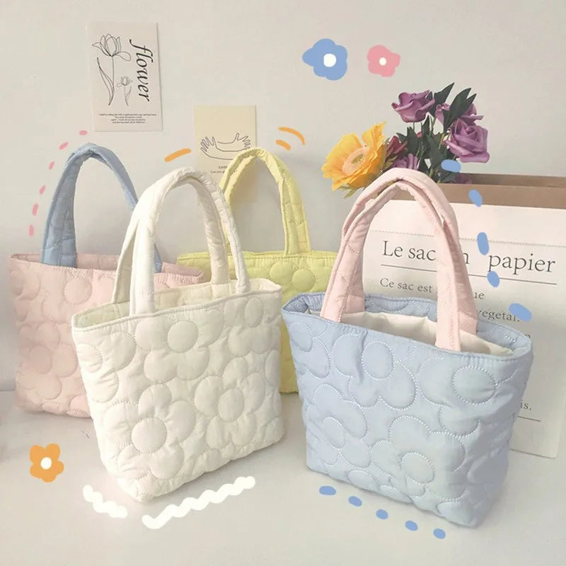 Custom Logo Women Solid Color Open Closure Quilted Puffer Mini Polyester Tote Bags Handbag Purses