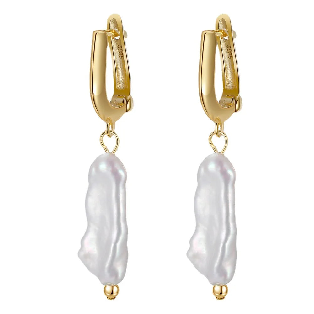 925 Sterling Silver Ear Jewelry Nature Freshwater Big Baroque Pearl Drop Huggies Hoop Earrings