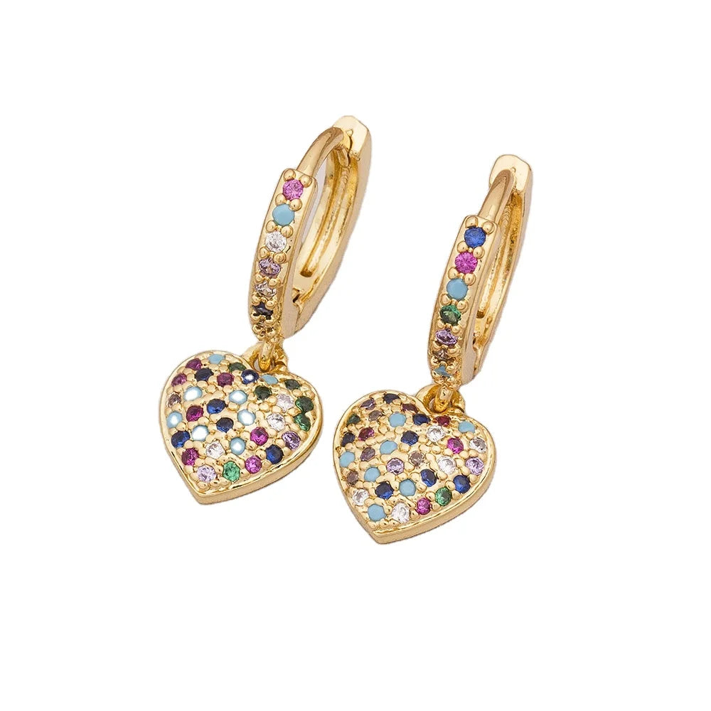 QIKU Fashion Classic Heart Shape Gold Color Drop Earrings Multicolour Rhinestone Copper Zircon Jewelry Women Girl Gift Wholesale