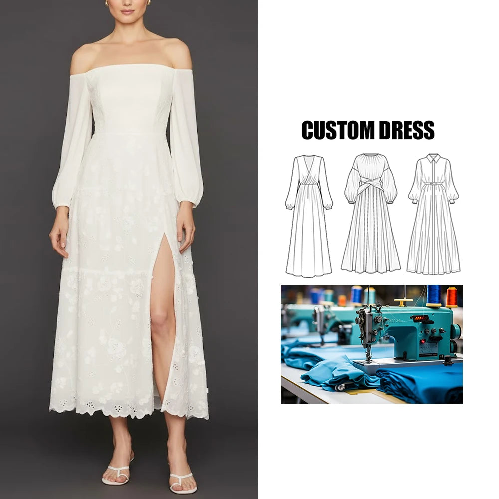 Customizable Luxury Summer Maxi Dress Brand Off-Shoulder Slit Lace Ruffles Casual Woven Waistline Natural Lace Dress