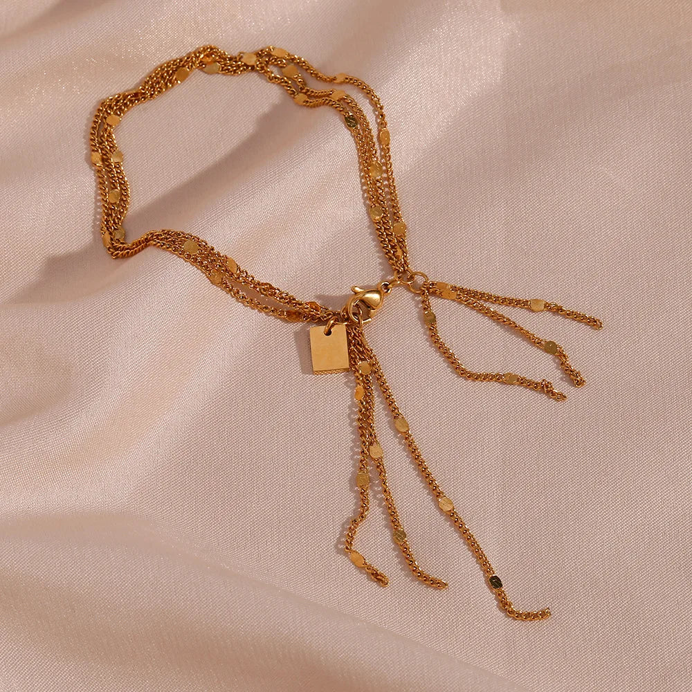 2023 New Fashion Dainty Multilayer Chain Bracelet Gold Plated Stainless Steel Sequins Tassel Charm Bracelet for Women