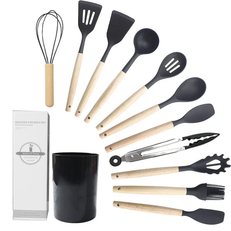 500 Premium 12-Piece Non-Stick Silicone Kitchen Utensils Set with Wooden Handles Heat Resistant Cooking Tool Kit
