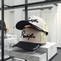 Custom Two-Tone Medium Crown 5 Panel Sporty Hat Cap Dobby Style Leopard Black Brim Cream White Panels 3D Embroidered Sports Cap