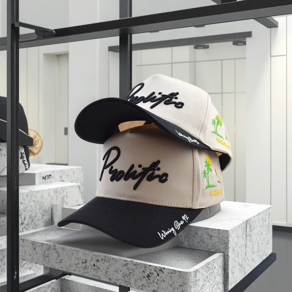 Custom Two-Tone Medium Crown 5 Panel Sporty Hat Cap Dobby Style Leopard Black Brim Cream White Panels 3D Embroidered Sports Cap