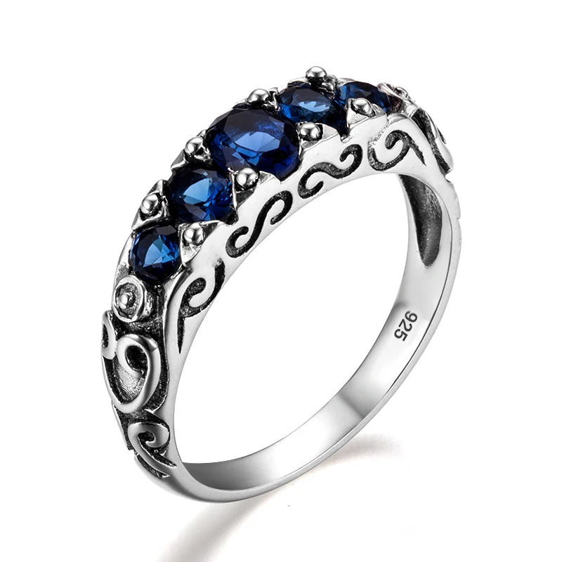 Palace Wind Wedding Jewelry Cocktail Crystal Ring Amazing Super Created Sapphire Stone 925 Sterling Silver Women Vintage Round