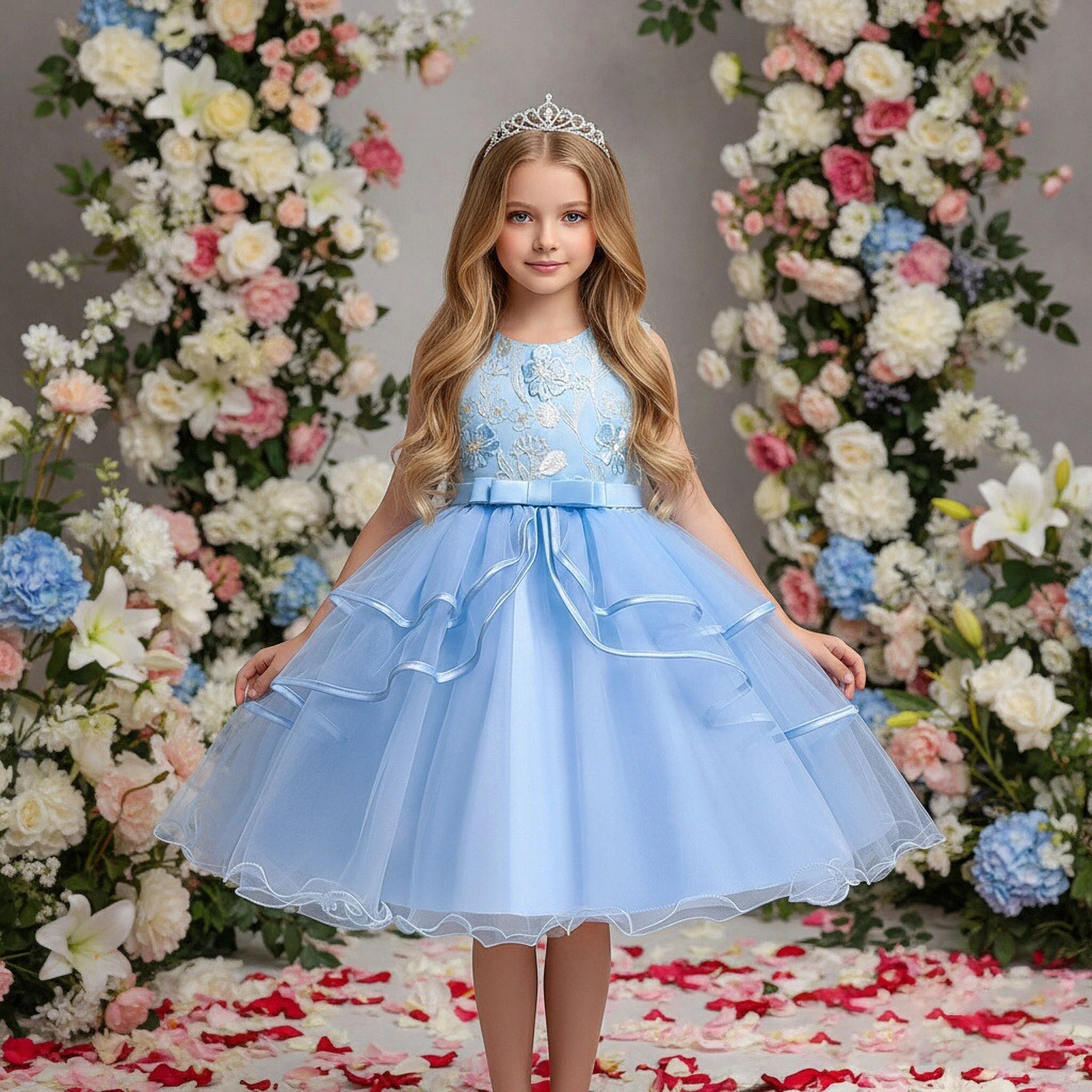 Elegant Style Green Fluffy Prom Dresses for Evening Banquet Multi-layered Flower Girl Wedding Dress for Children 6 Years Old
