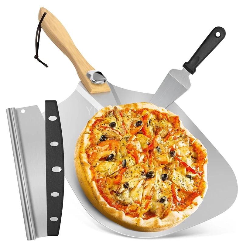 Hot Selling 12x14 Inch Folding Wooden Handle Wholesale Pizza Peel With Cutter and Small Spatula 3Pcs Pizza Peel Set