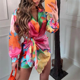 S-3XL New Style Personality Print Lace up Casual Single Breasted Shirt Long Sleeved Irregular Cardigan Top
